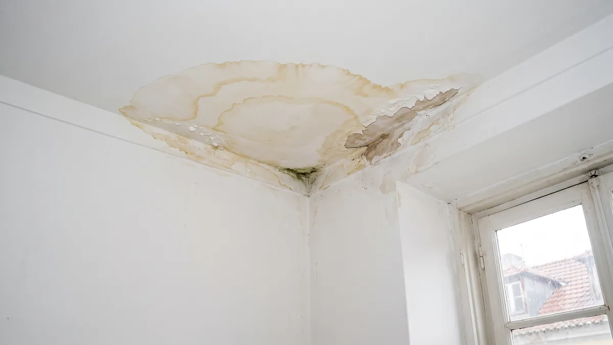 Mancha de infiltração no teto junto à parede exterior depois da chuva