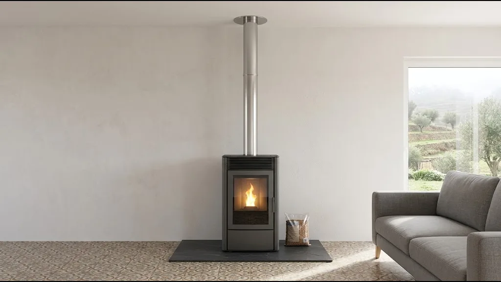 Salamandra a pellets instalada na sala com chaminé em inox