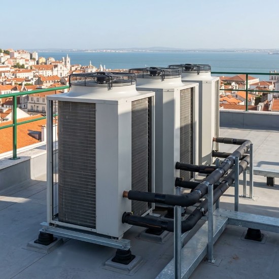 Unidades exteriores de climatização VRF na cobertura de um edifício de escritórios — Grande Lisboa