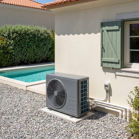 Bomba de calor de piscina instalada junto a uma piscina de moradia — Grande Lisboa