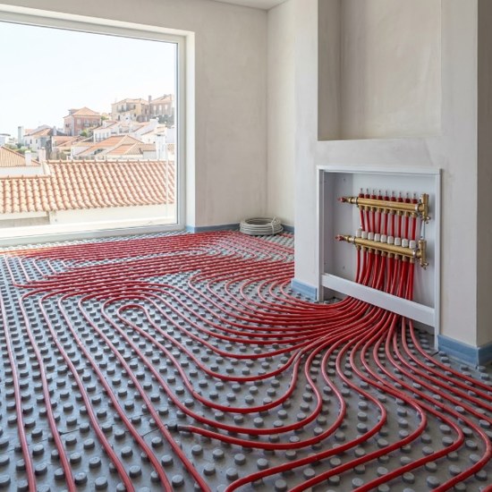 Tubagem de piso radiante hídrico a ser instalada numa moradia em obra — Grande Lisboa