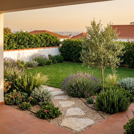 Jardim novo de moradia com relvado, plantas mediterrânicas e caminho — Grande Lisboa