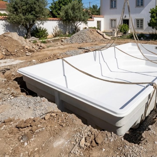 Casco de piscina de fibra a ser instalado numa moradia — Grande Lisboa