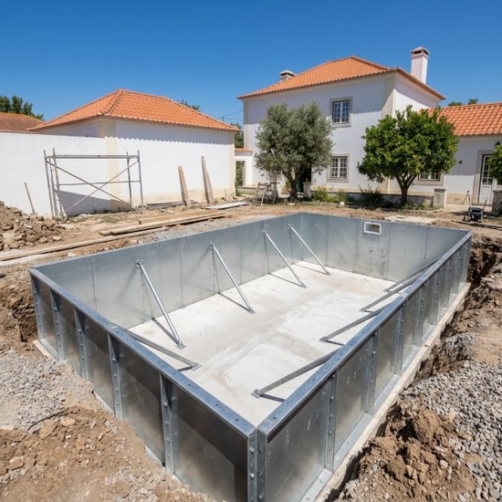 Piscina de painéis com tela armada em construção — Grande Lisboa