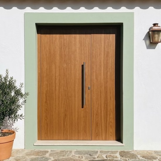 Porta de entrada em madeira maciça moderna numa moradia portuguesa